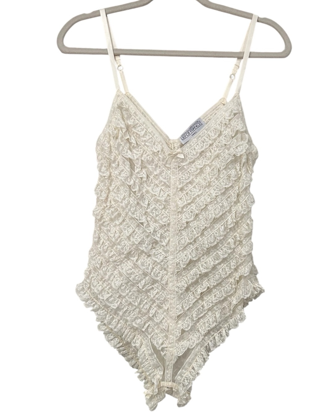 Vintage Lily of France Lace Ruffle Teddy Bodysuit In Cream Coquette Small